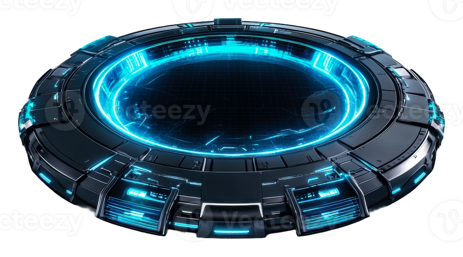 Futuristic portal device with glowing blue lights, cut out - stock . png