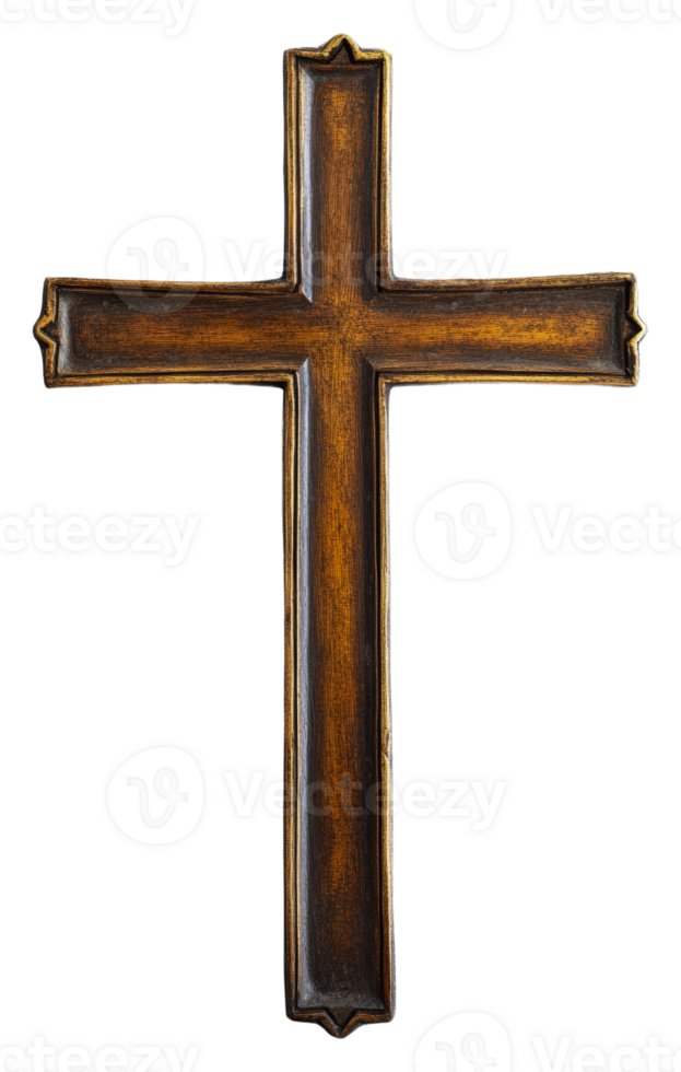 Simple wooden cross displayed on a wall, cut out - stock . png