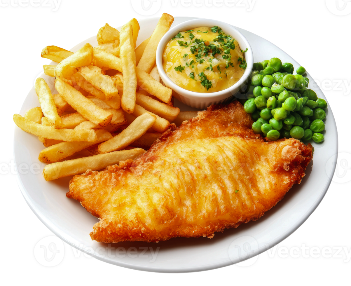 Crispy fish fillet with fries and peas served, cut out - stock . png
