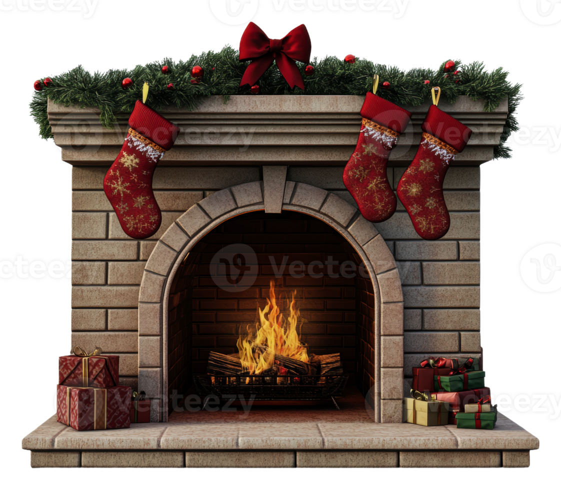 Decorated fireplace with holiday stockings, cut out - stock . png