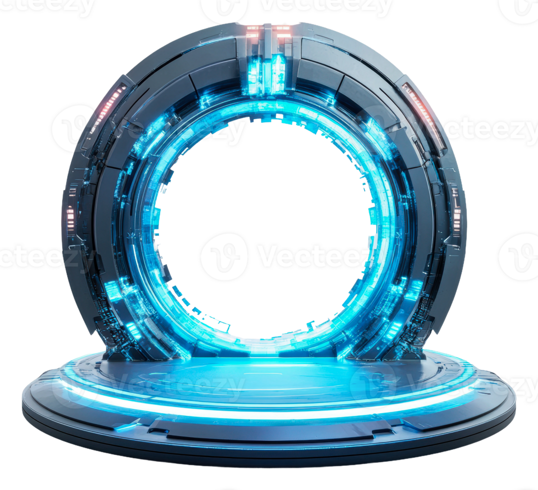 Futuristic portal with blue glowing energy effects, cut out - stock . png