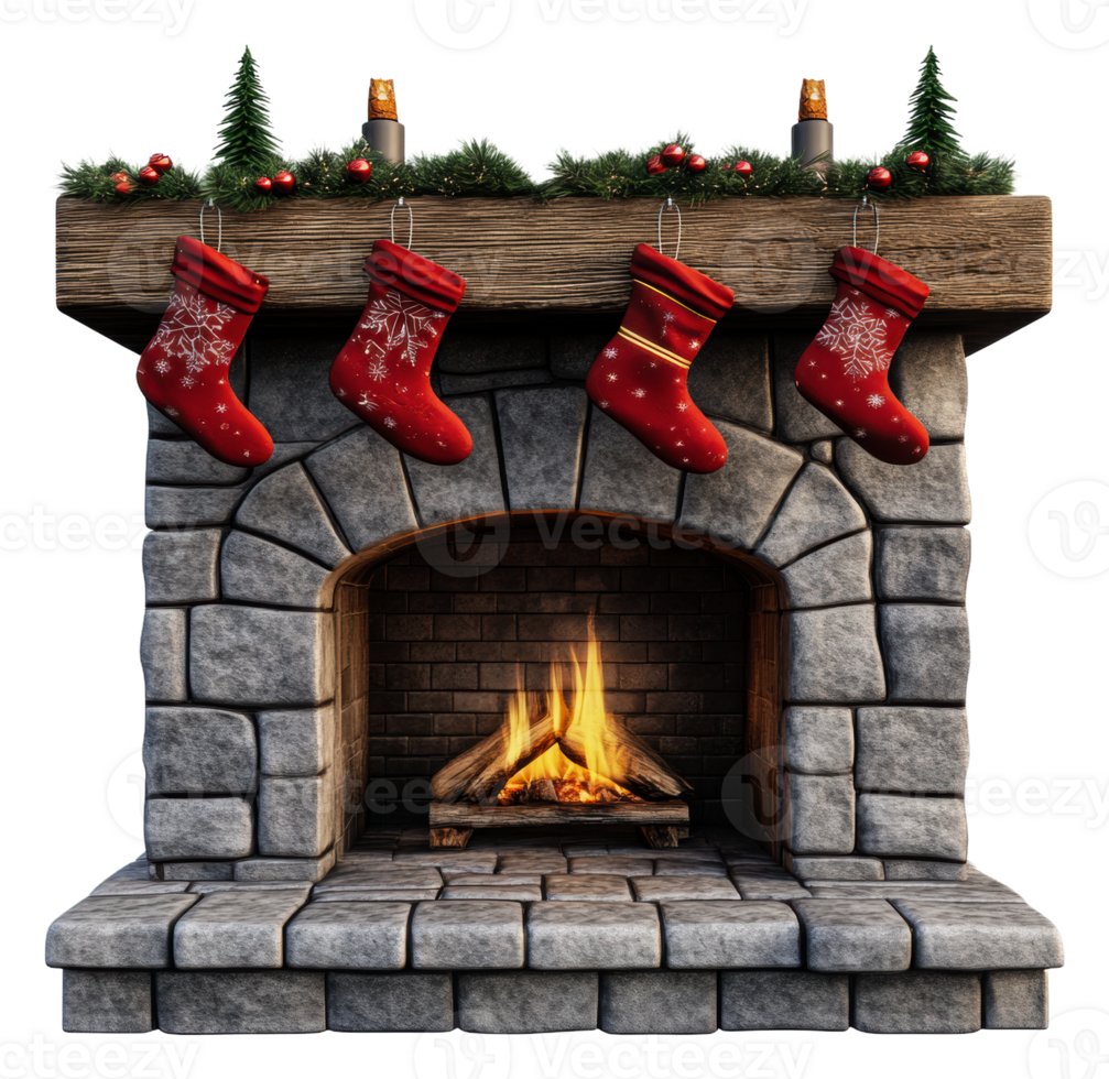Christmas stockings by the cozy fireplace, cut out - stock . png