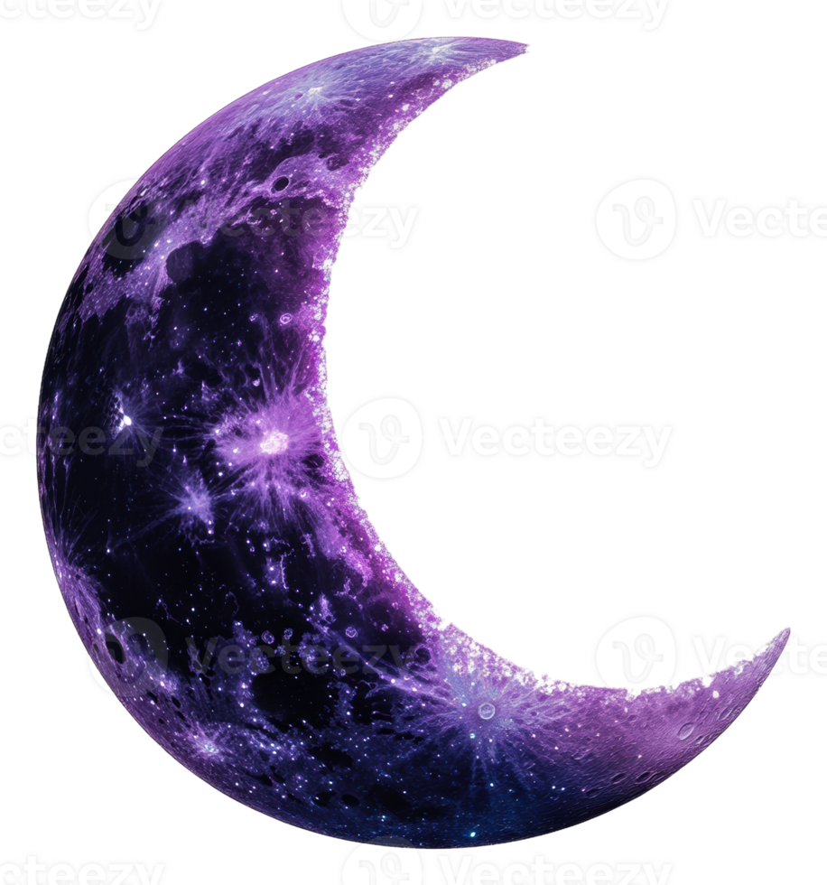 Colorful crescent moon with cosmic texture, cut out - stock . png