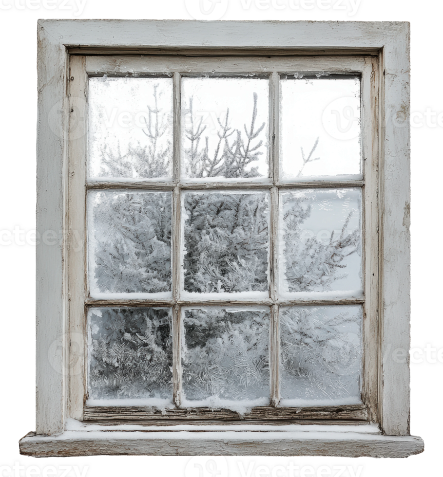 Frosted window with snowy trees outside in winter, cut out - stock . png