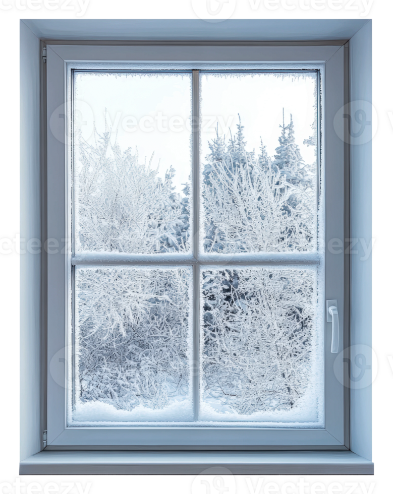 Winter frost on window overlooking snowy trees, cut out - stock . png