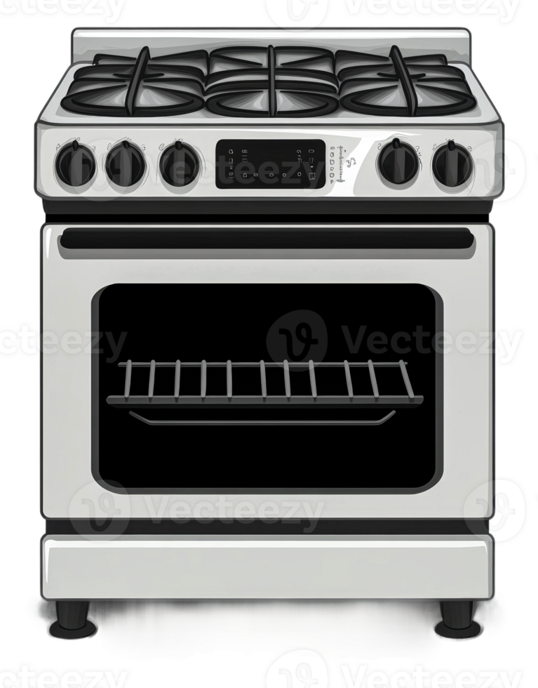 Stainless steel gas stove with five burners, cut out - stock . png