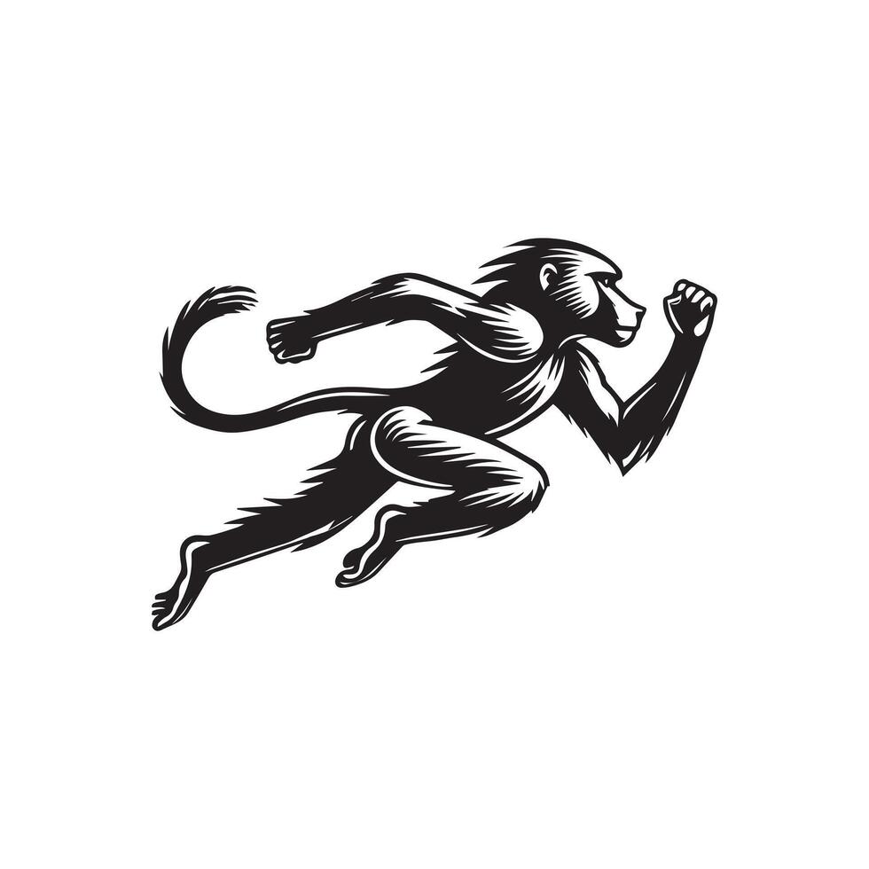 Baboon silhouette, Baboon clipart, A Baboon Running Illustration in black and white vector