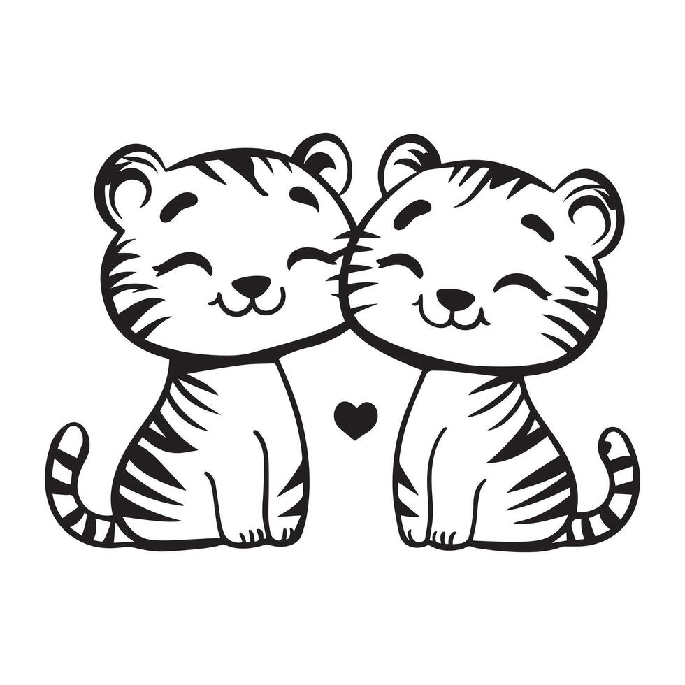 Animal Love Outline Design, Cute Tiger Love illustration in black and white vector