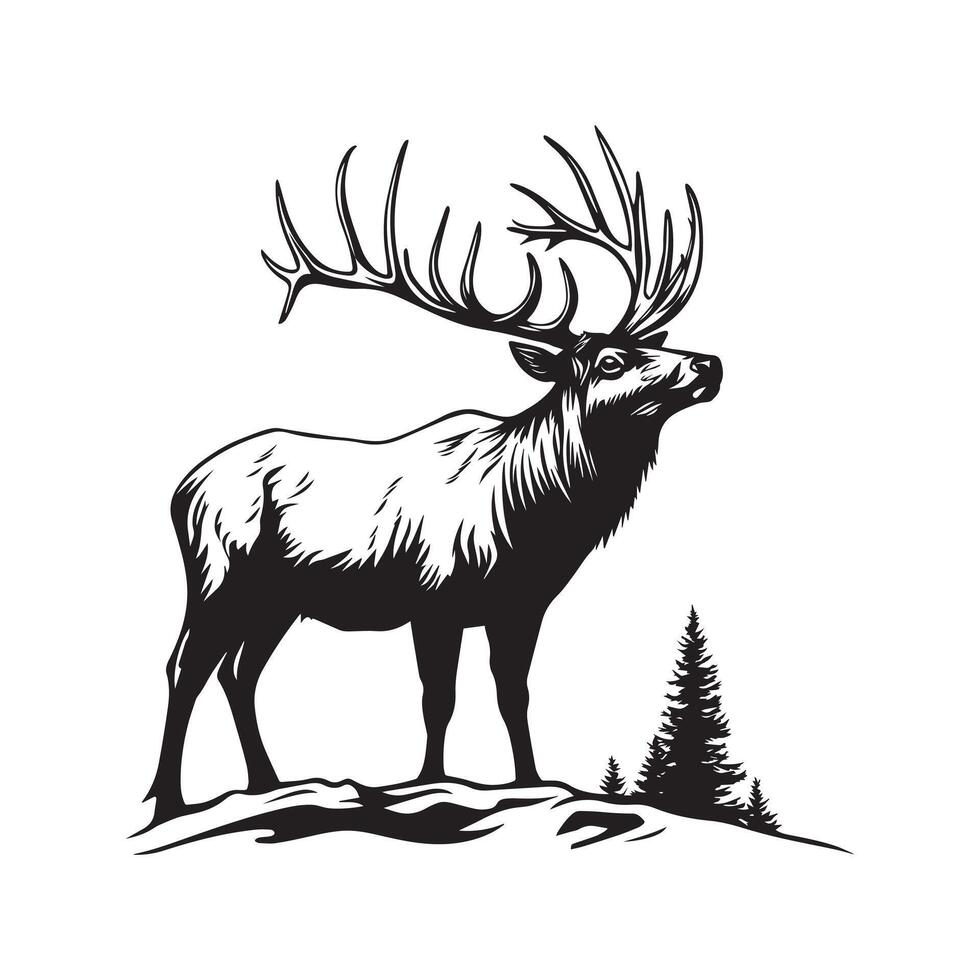 Elk silhouette, Wapiti Clipart, An Elk standing on top the mountains Illustration in black and white vector
