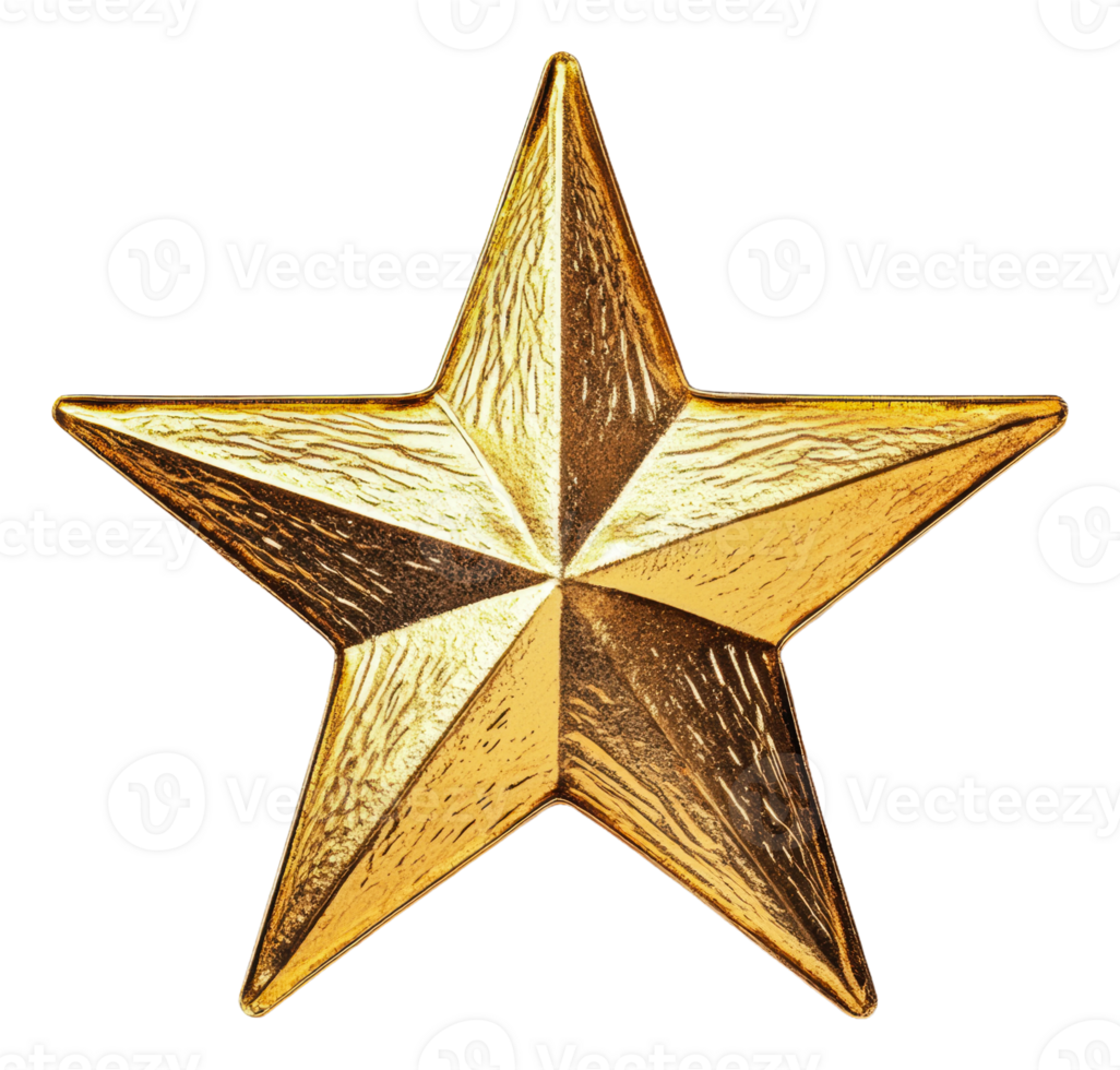 Golden five-pointed star with textured surface, cut out - stock . png
