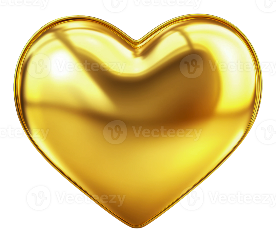 Shiny gold heart shape on a bright surface, cut out - stock . png