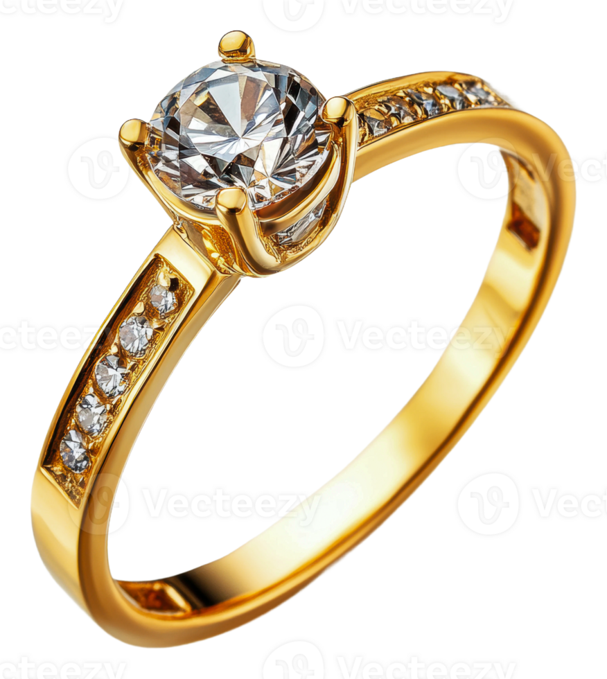 Gold engagement ring with sparkling diamond, cut out - stock . png