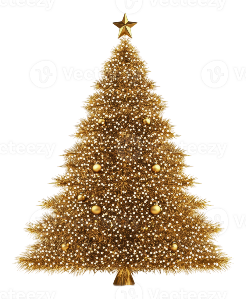 Elegant gold Christmas tree adorned with ornaments, cut out - stock . png