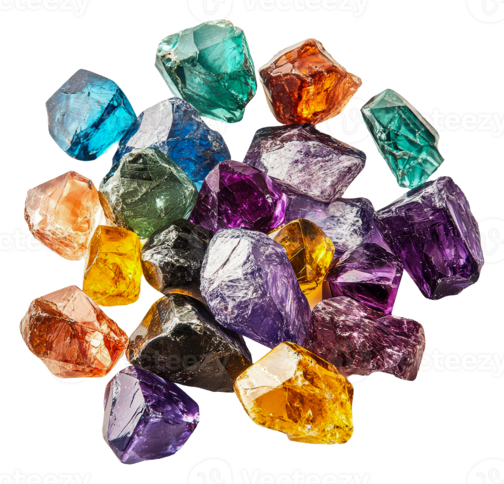 Colorful raw gemstones scattered on a surface, cut out - stock . png