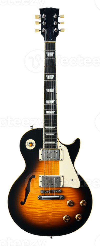 Electric guitar with sunburst finish on display, cut out - stock . png
