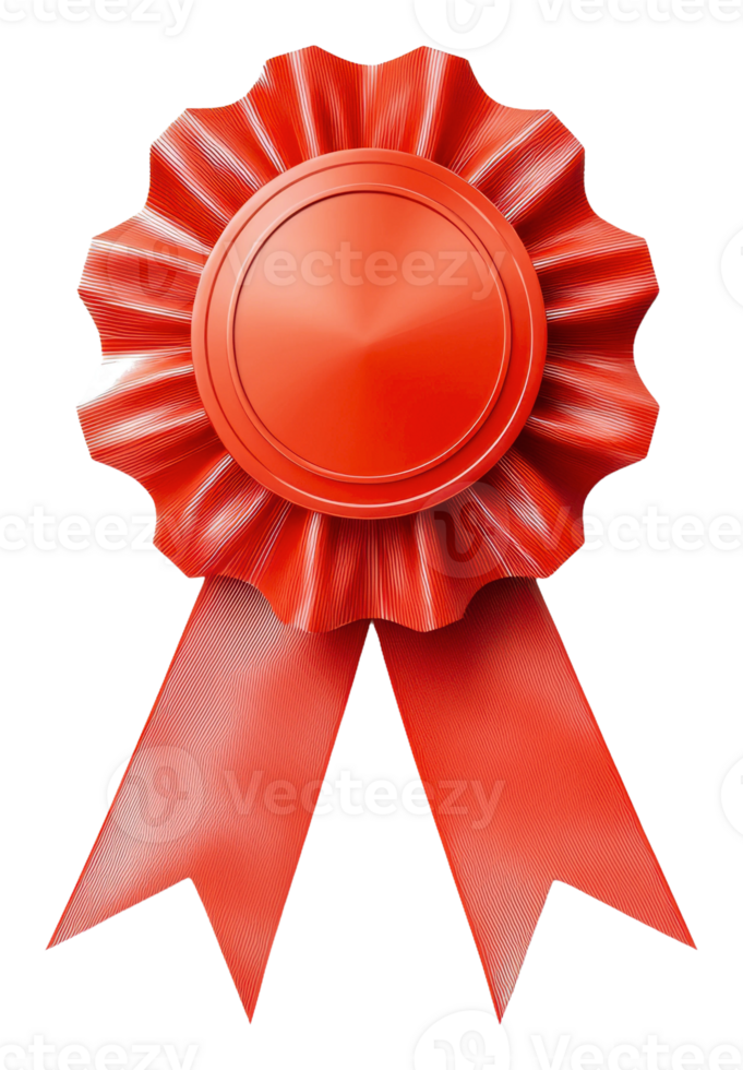 Red award ribbon with rosette design, cut out - stock . png