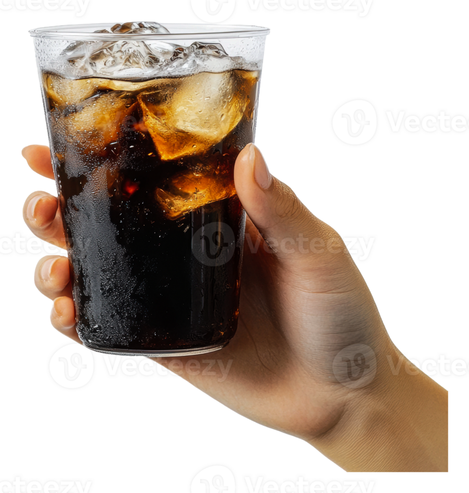 Hand holding a glass of cold soda with ice, cut out - stock . png