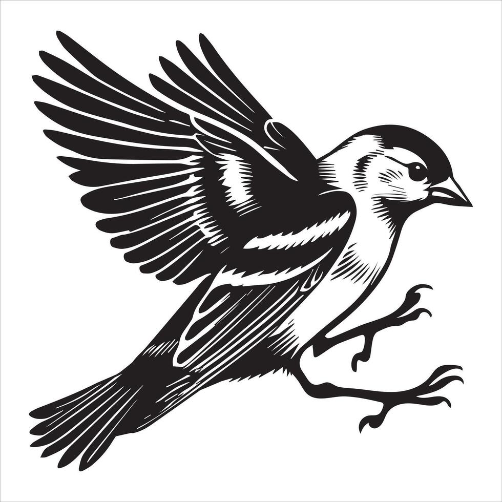 American Goldfinch silhouette, American Goldfinch mid-hop on ground illustration in black and white vector