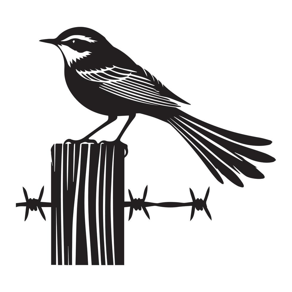 Yellow warbler silhouette, Yellow warbler clipart, Yellow Warbler perched on fence post illustration in black and white vector