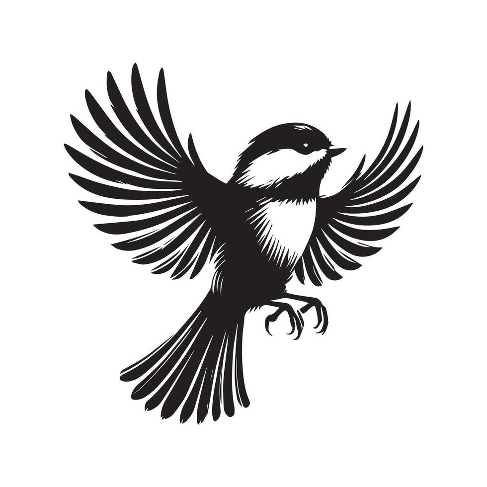 Black-capped Chickadee Bird Clipart - Black-capped Chickadee Hovering Mid-air illustration in black and white vector