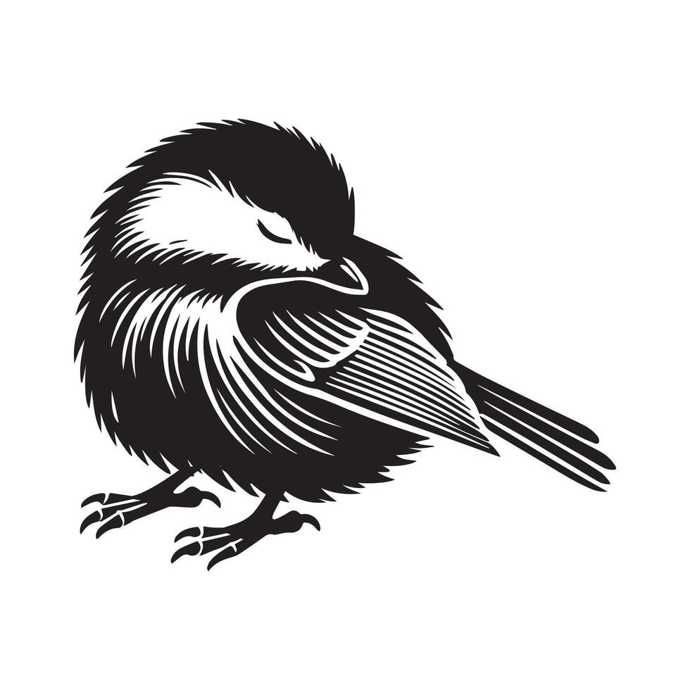 Black-capped Chickadee Bird Clipart - Black-capped Chickadee In A Sleeping illustration in black and white vector