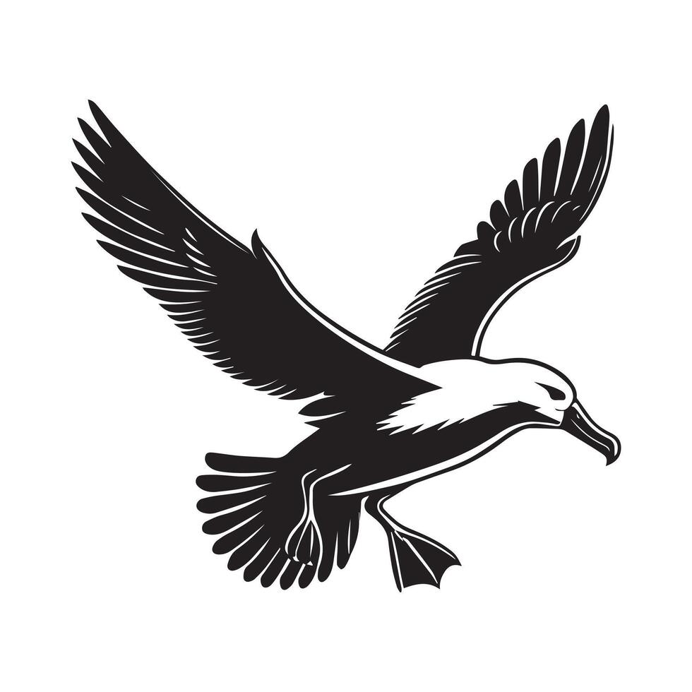 Albatross silhouette, Diomedeidae Bird Clipart, A Albatross Hovering illustration in black and white vector