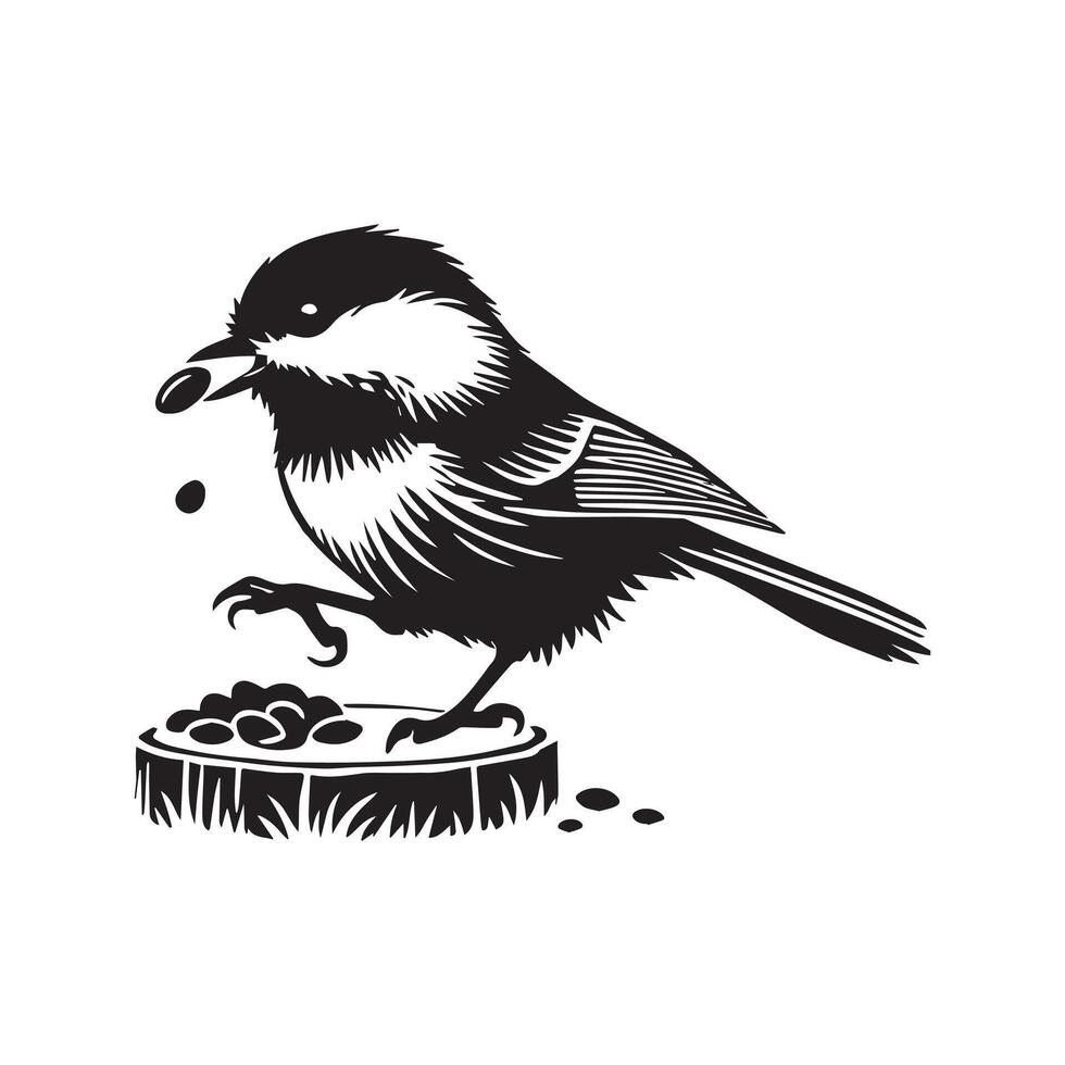 Black-capped Chickadee Bird Clipart - Black-capped Chickadee eating illustration in black and white vector