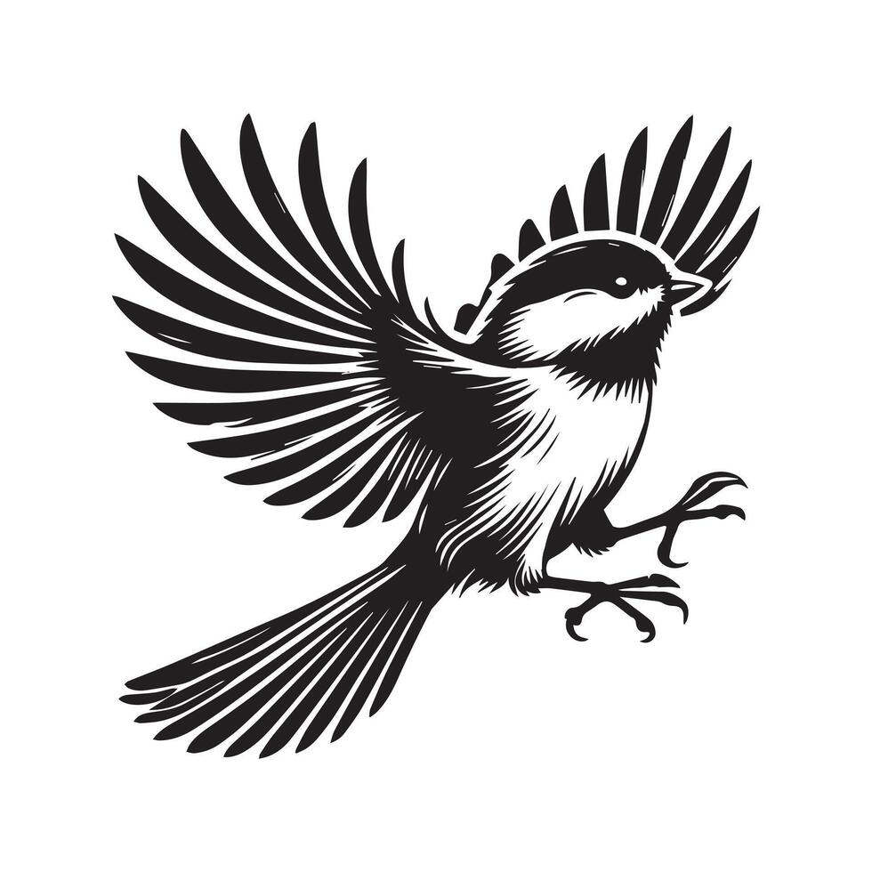 Black-capped Chickadee Bird Clipart - Black-capped chickadee fully extended upwards illustration in black and white vector