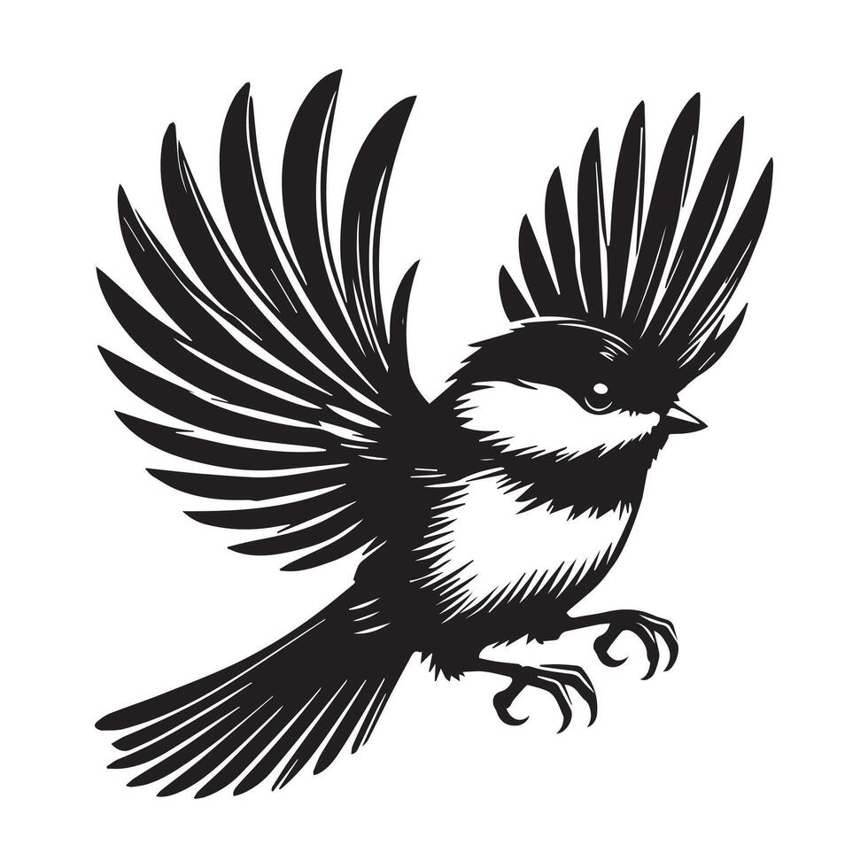 Black-capped Chickadee Bird Clipart - Black-capped Chickadee Flying illustration in black and white vector