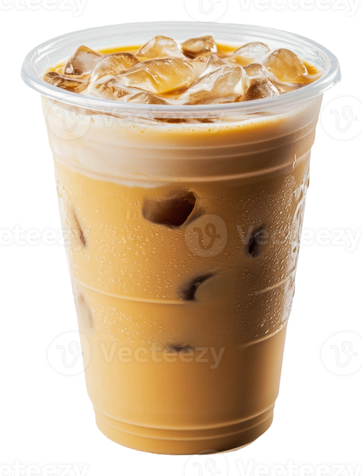 Iced coffee with cream and ice cubes in summer, cut out - stock . png
