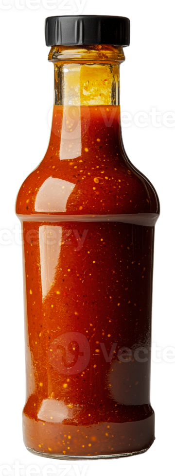 Homemade spicy chili sauce in a glass bottle, cut out - stock . png