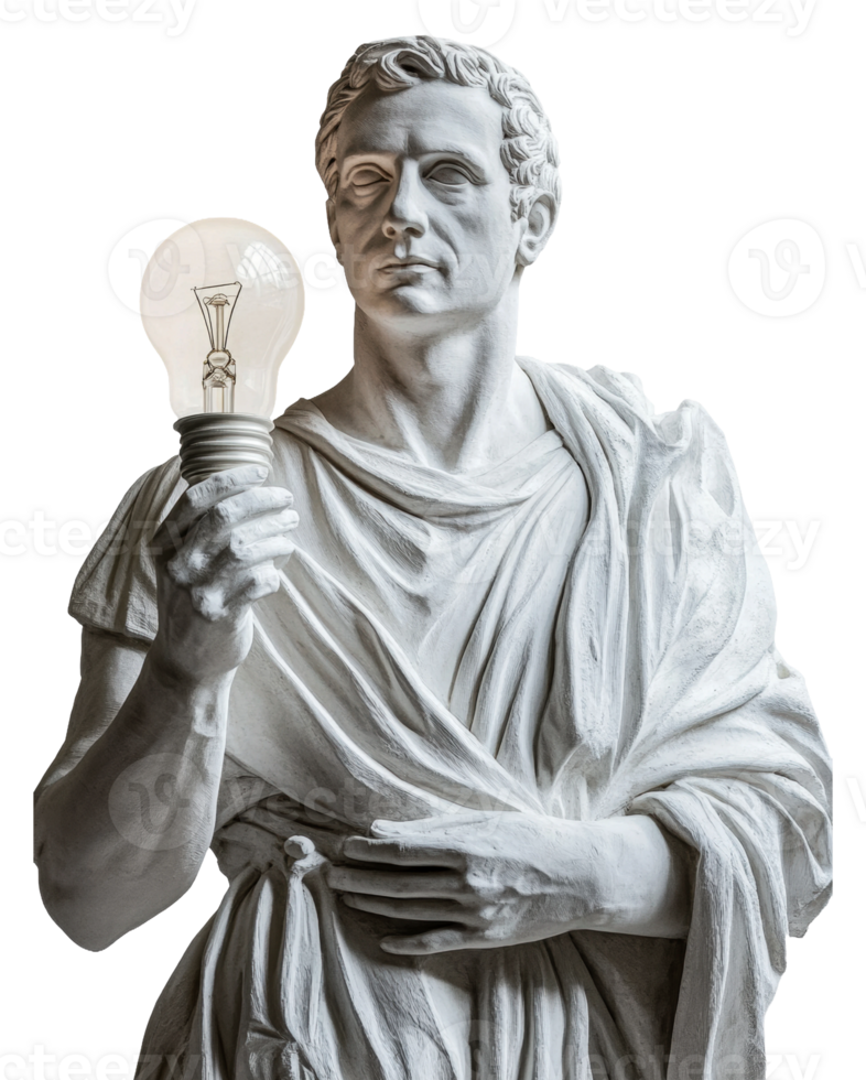 Ancient statue holding a modern light bulb, cut out - stock . png