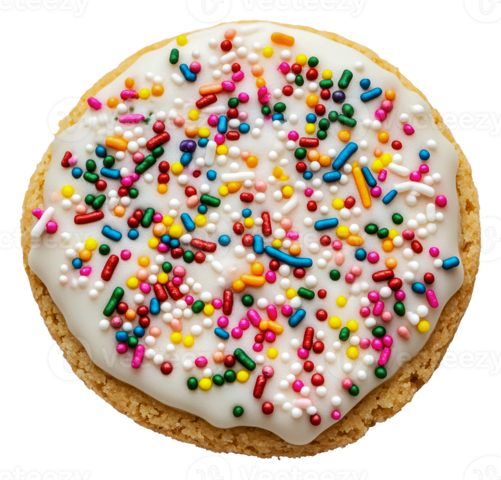 Colorful sprinkles on a frosted cookie, cut out - stock . png
