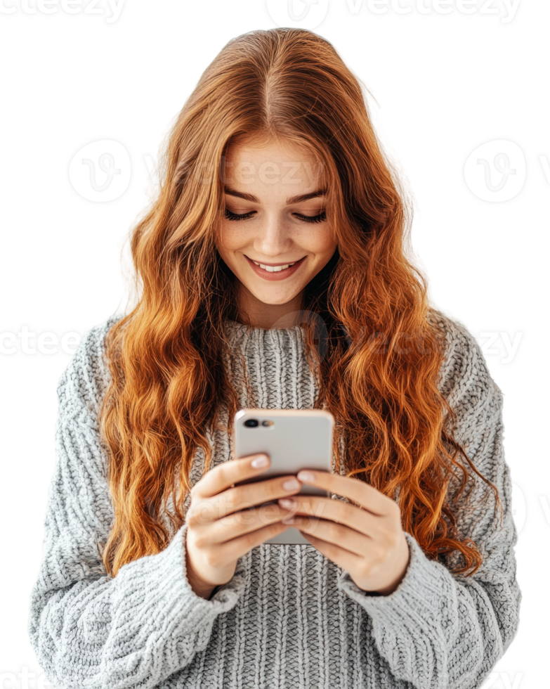 Young woman smiles at her phone while indoors, cut out - stock . png