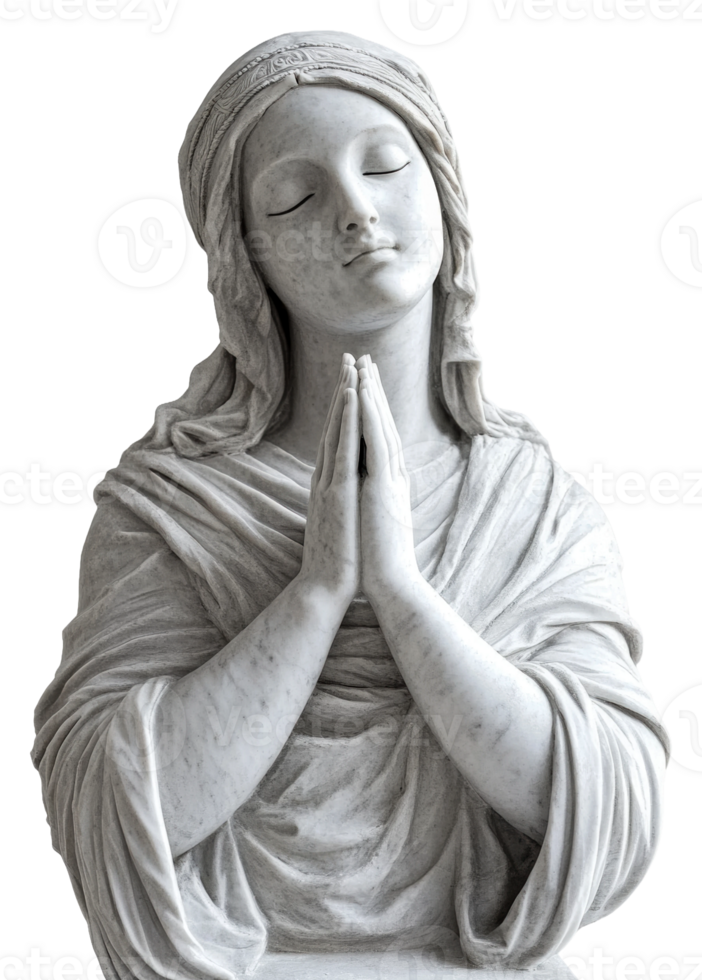 Serene statue of a praying figure in white marble, cut out - stock . png