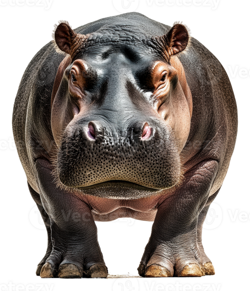 Hippo standing on solid ground in bright light, cut out - stock . png