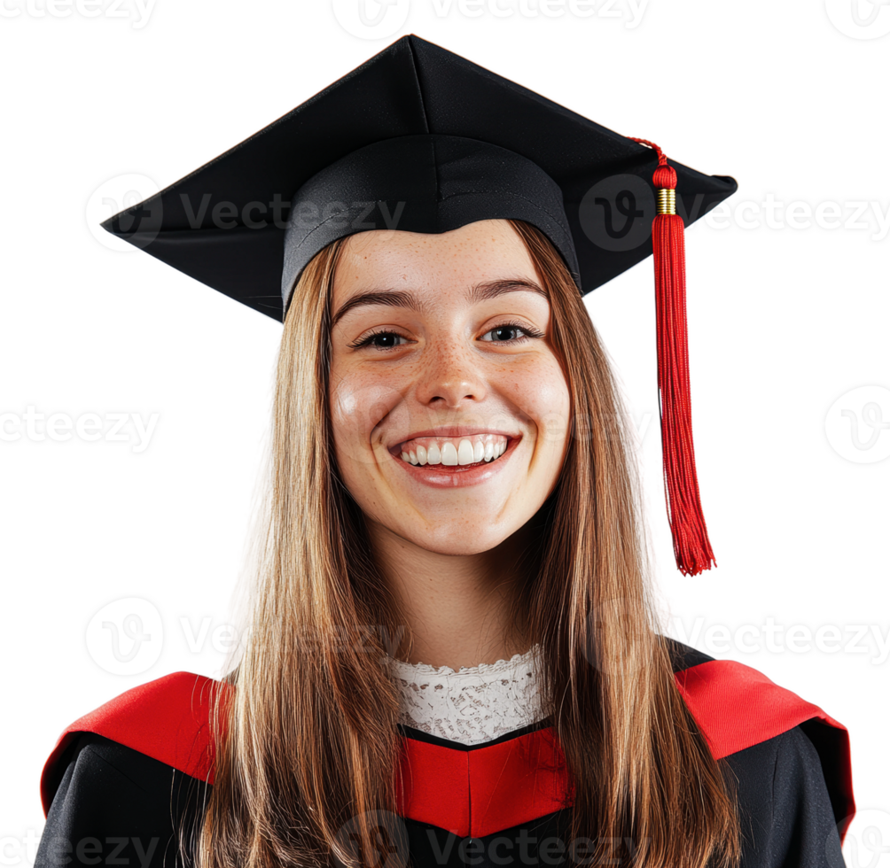Graduate smiling in cap and gown at celebration, cut out - stock . png