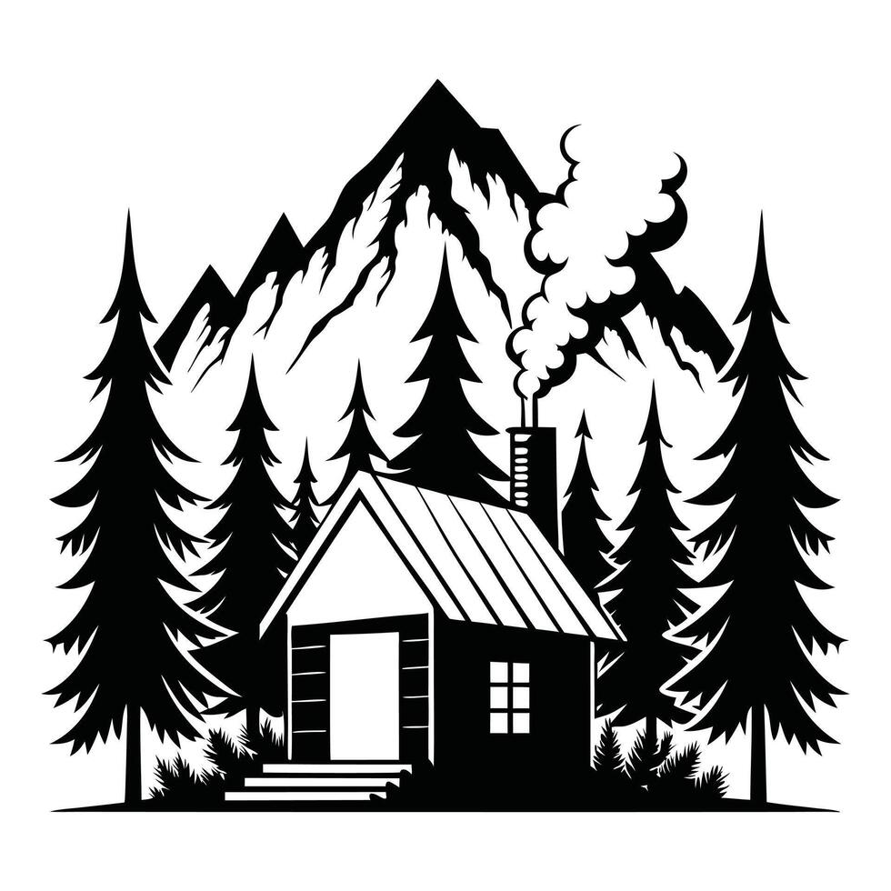 Forest Landscape illustration, wilderness cabin a small cabin nestled in a dense T-shirt design vector