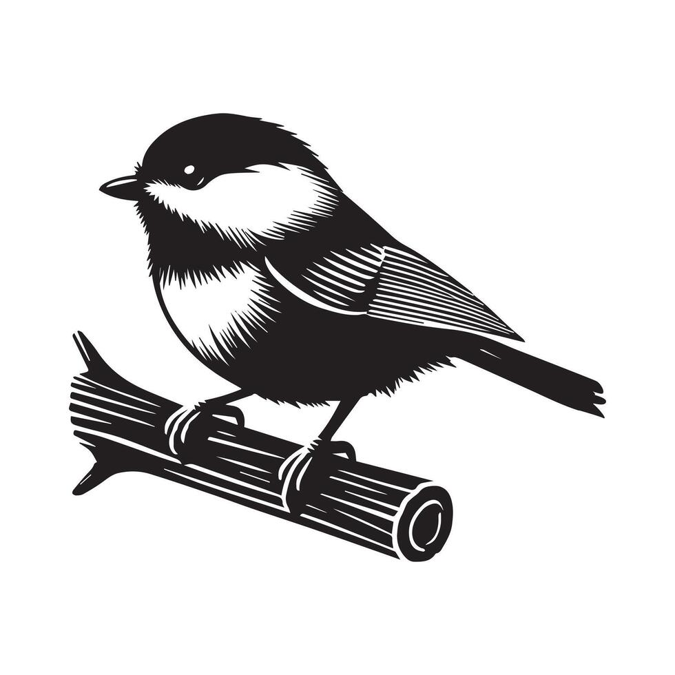 Black-capped Chickadee Bird Clipart - Black-capped Chickadee Perched On A Branch illustration in black and white vector