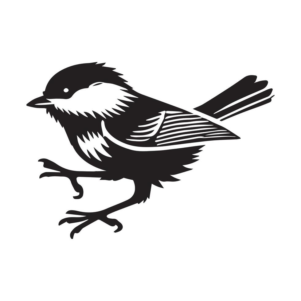 Black-capped Chickadee Bird Clipart - Black-capped Chickadee Hopping On The Ground illustration in black and white vector