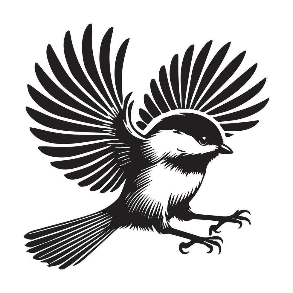 Black-capped Chickadee Bird Clipart - Black-capped Chickadee stretching wings illustration in black and white vector