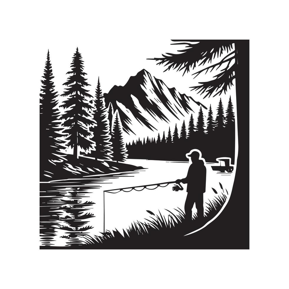 Forest Landscape illustration, Fishing in the River T-Shirt Design vector