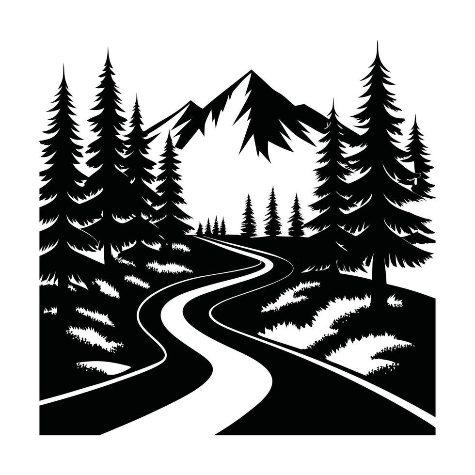 Forest Landscape illustration, forest road a winding road leading through a dens T-Shirt Design vector