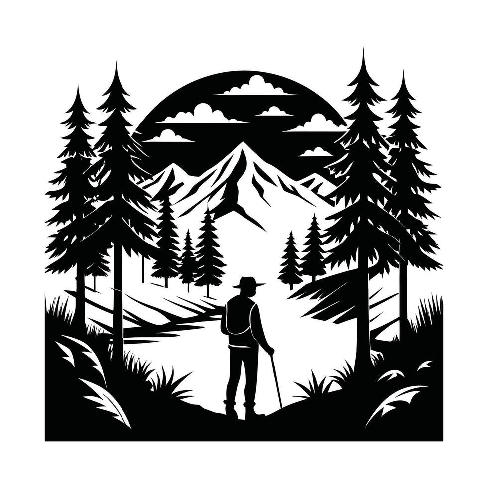 Forest Landscape illustration, Fishing by the river a person fishing by a river T-Shirt Design vector