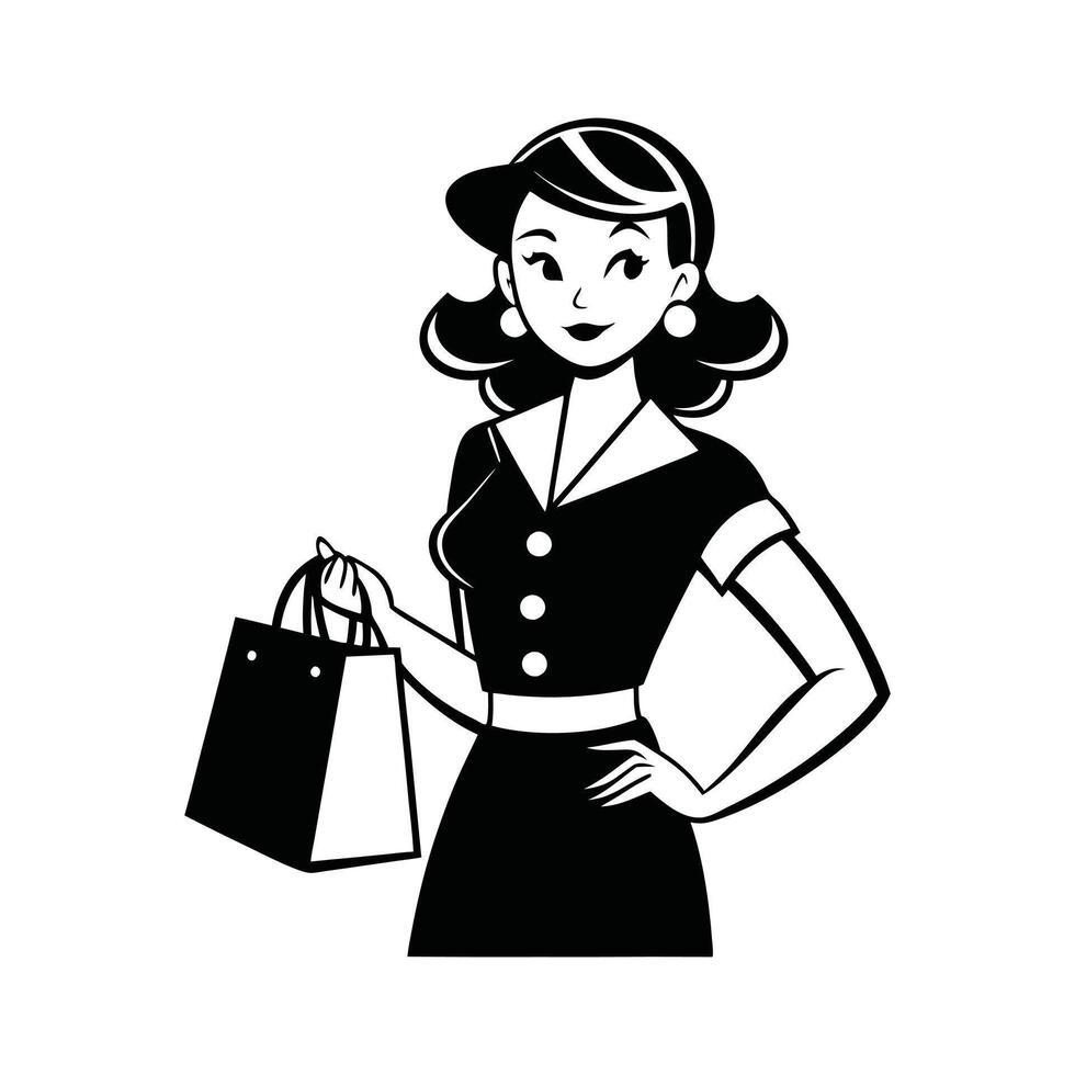 Vintage Retro Woman Face Clipart, Retro Housewife Silhouette, Vintage Woman Model illustration in black and white vector