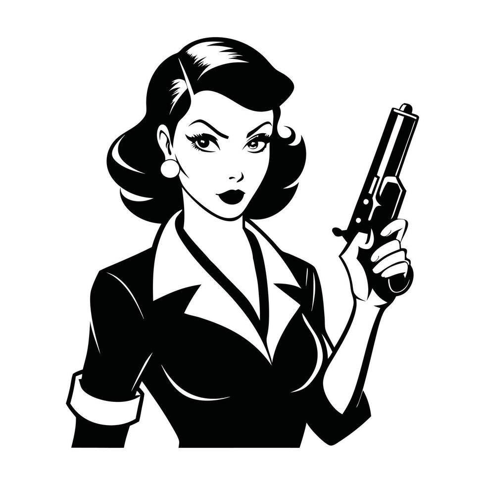 Vintage Retro Woman Face Clipart, Retro Housewife Silhouette, Vintage Woman Holding a gun illustration in black and white vector
