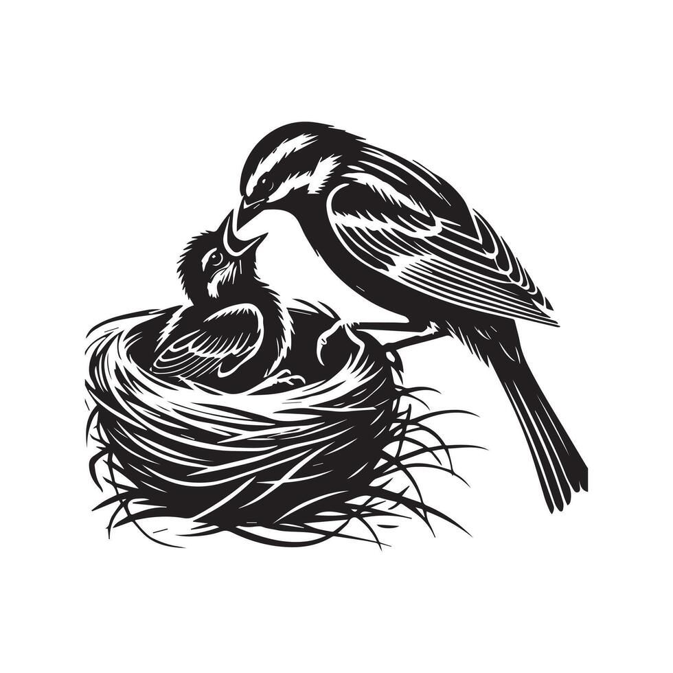 White-throated sparrow silhouette, Sparrow Bird Clipart, White-throated Sparrow feeding a chick in nest illustration in black and white vector