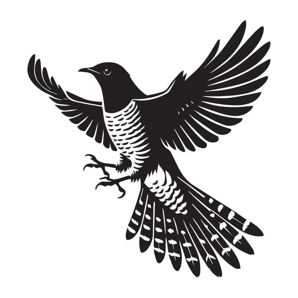 Common Cuckoo silhouette, European Cuckoo Bird Clipart, Common Cuckoo mid-landing Illustration in black and white vector