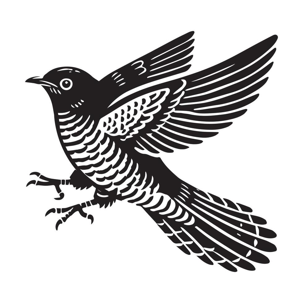 Common Cuckoo silhouette, European Cuckoo Bird Clipart, Common Cuckoo in mid-hop on the ground Illustration in black and white vector