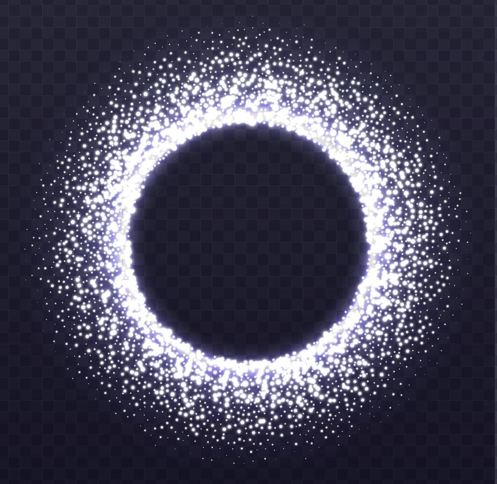 Glowing circle frame with sparkles. Flying silver dust isolated on dark background. vector